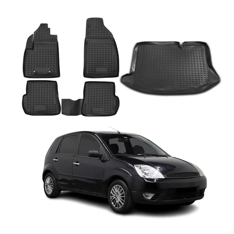 Set tappetini e vaschetta per bagagliaio per Ford Fiesta 2001-2008 in gomma TPE nero 5 pezzi