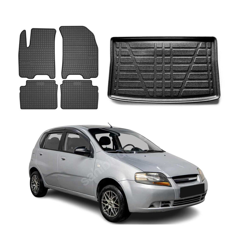 Set di tappetini e vaschetta per bagagliaio per Chevrolet Kalos 2005-2008 in gomma nera 5 pezzi