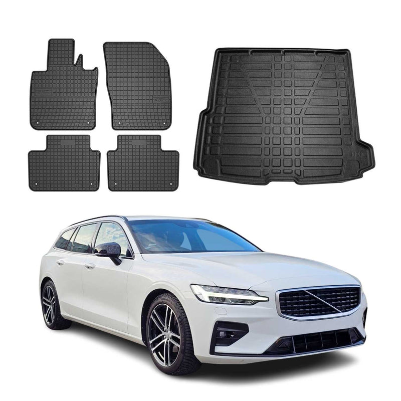 Set di tappetini e vaschetta per bagagliaio per Volvo V60 2017-2025 in gomma TPE nera 5 pezzi