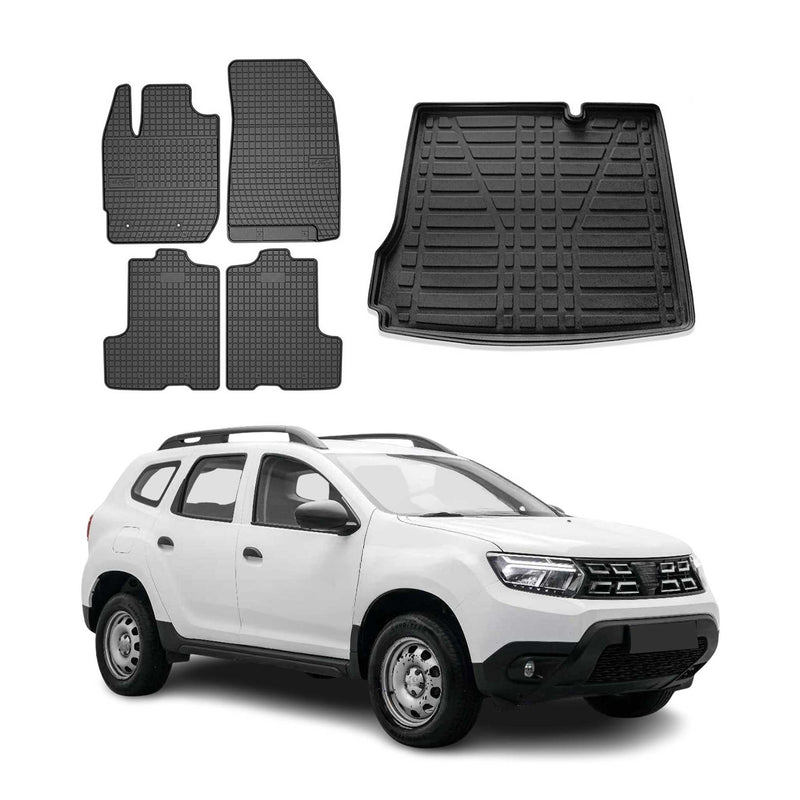 Set tappetini e vaschetta per bagagliaio per Dacia Duster 2017-2024 in gomma nera TPE 5 pezzi