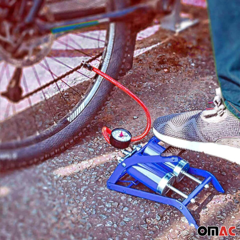 Pompa a pedale OMAC, pompa ad aria a pedale per auto con manometro, pompa ad aria a doppio cilindro per bicicletta 