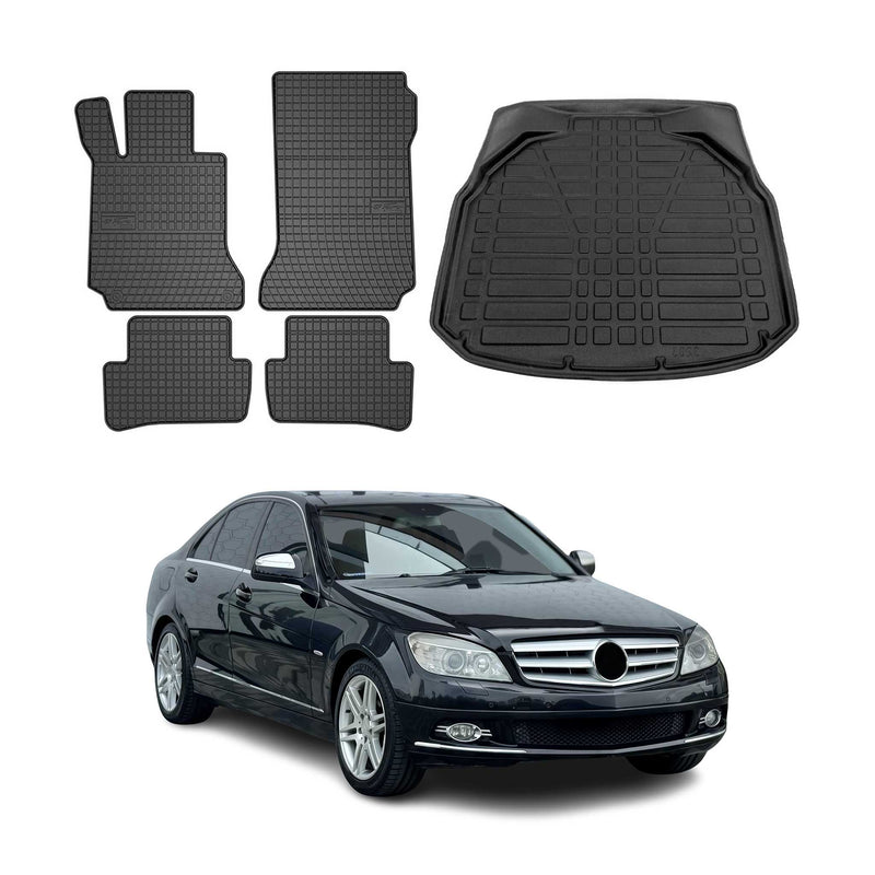 Set di tappetini e vaschetta per bagagliaio per Mercedes Classe C W204 2007-2015 in gomma 5 pezzi