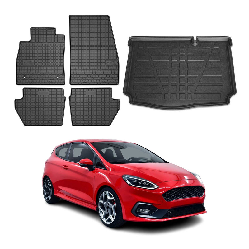 Set di tappetini e vaschetta per bagagliaio per Ford Fiesta 2018-2024 5 porte in gomma nera 5x
