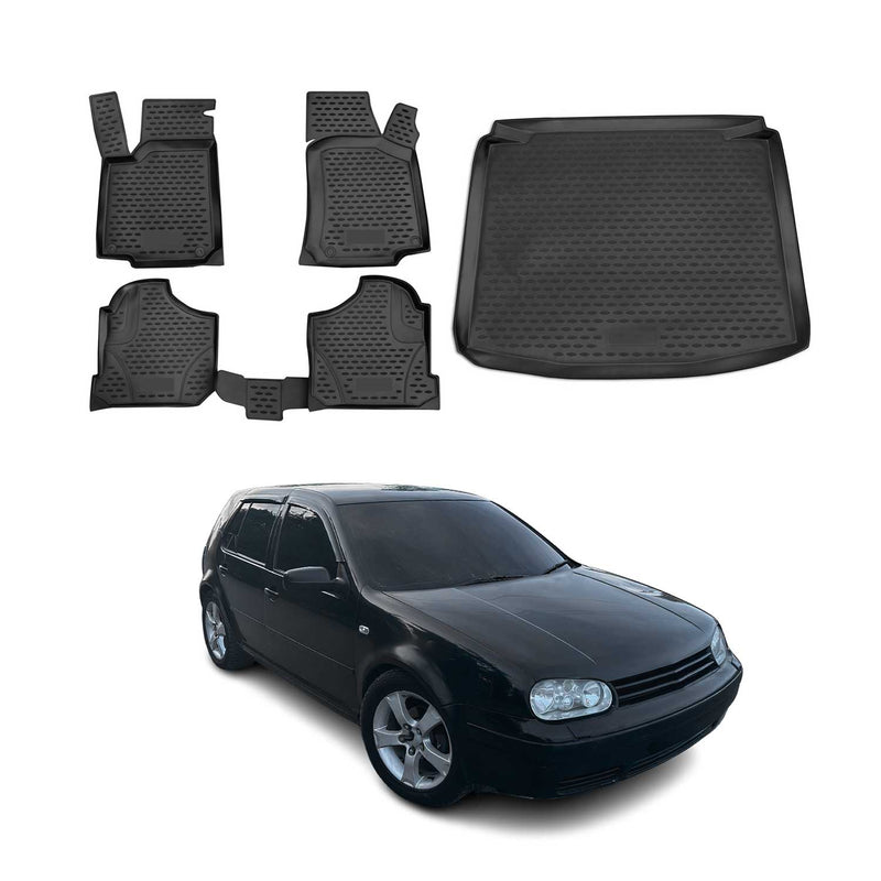 Set di tappetini e vaschetta per bagagliaio per VW Golf 1997-2006 Hatchback TPE Nero