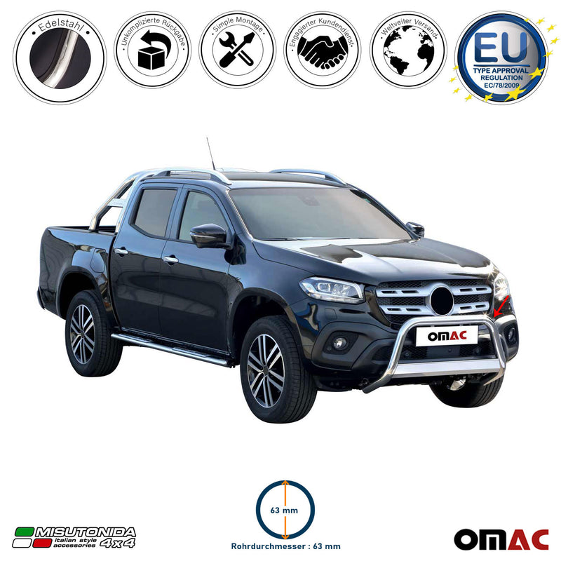 Protezione anteriore per Mercedes Classe X 2017-2020 ø63mm acciaio argento 