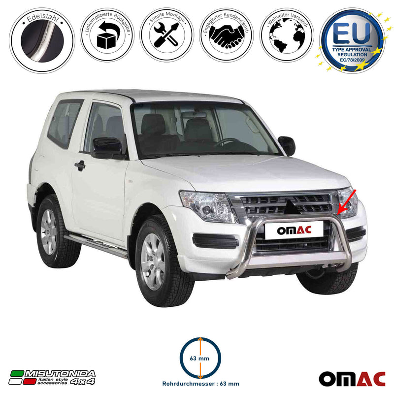 Barra di protezione anteriore per Mitsubishi Pajero 2015-2021 ø63mm acciaio argento 