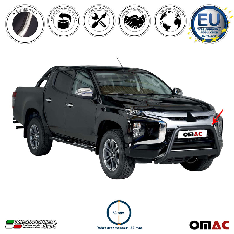 Barra di protezione anteriore per Mitsubishi L200 Club Cab 2019-2025 ø63 Nero 