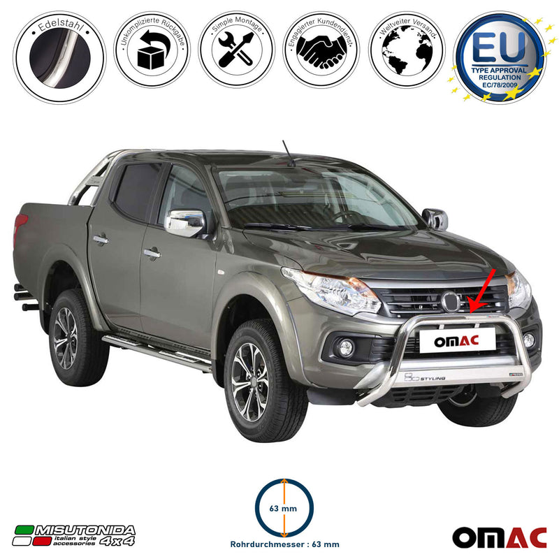 Barra di protezione anteriore per Fiat Fullback 2016-2019 ø63mm acciaio argento 