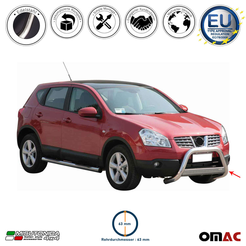 Barra di protezione anteriore per Nissan Qashqai 2007-2010 ø63mm acciaio argento 