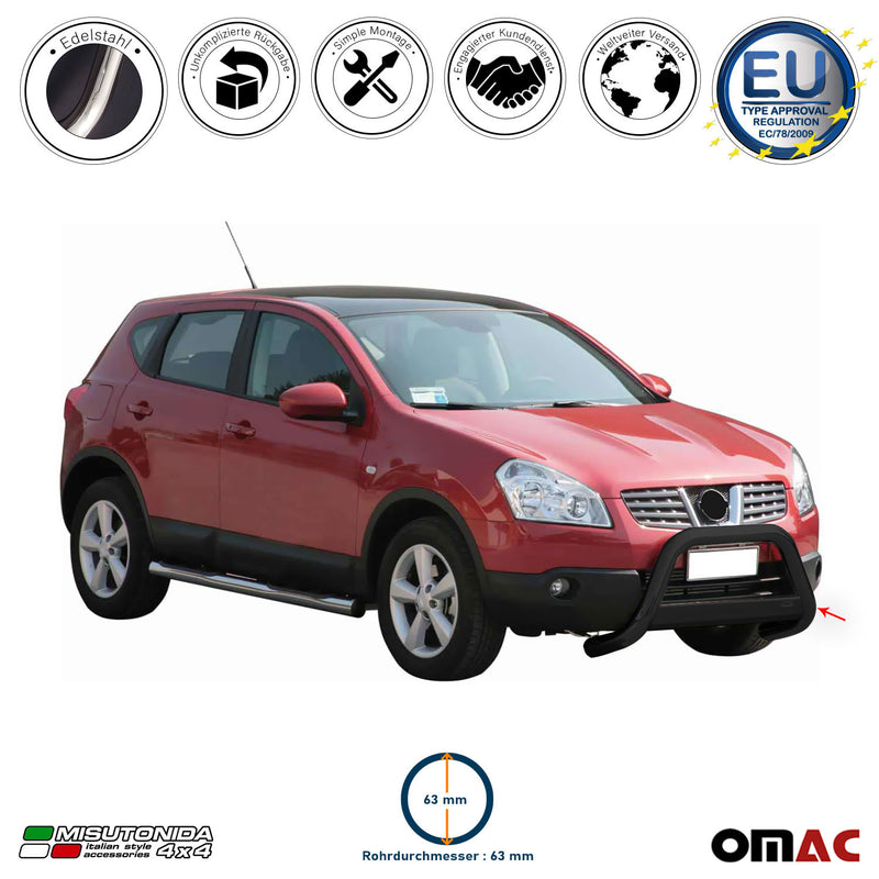 Barra di protezione anteriore per Nissan Qashqai 2007-2010 ø63mm acciaio nero 