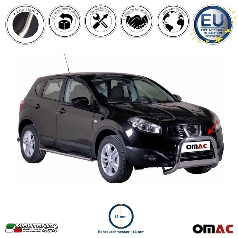 Barra di protezione anteriore per Nissan Qashqai 2010-2013 ø63mm acciaio argento 
