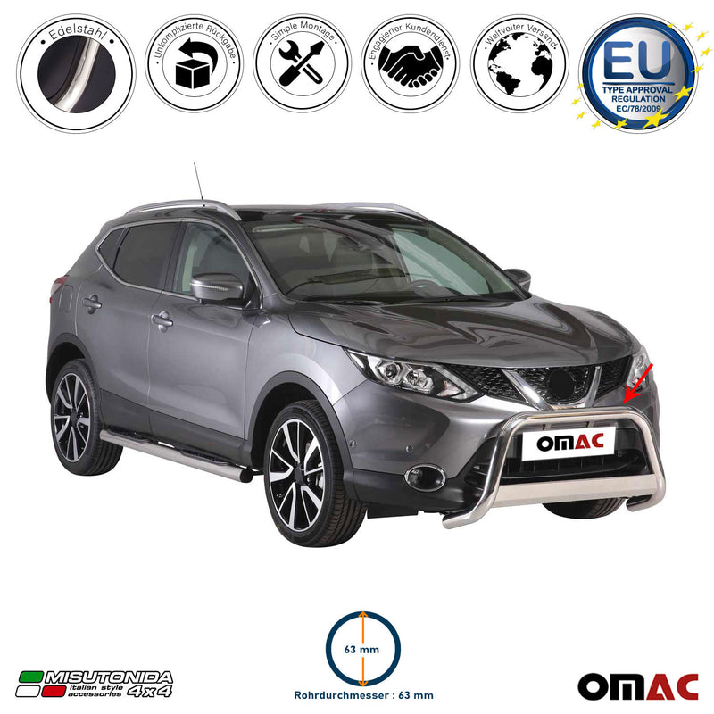 Barra di protezione anteriore per Nissan Qashqai 2017-2021 ø63mm acciaio argento 