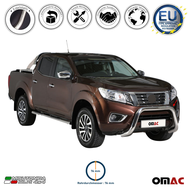 Barra di protezione anteriore per Nissan NP300 Navara 2016-2021 ø76mm acciaio argento