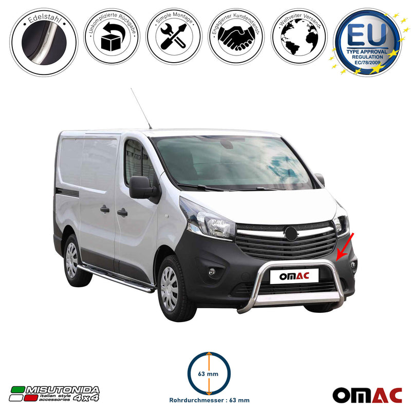 Protezione anteriore in acciaio inox per Opel Vivaro 2014-2018 grigio Ø 63 mm