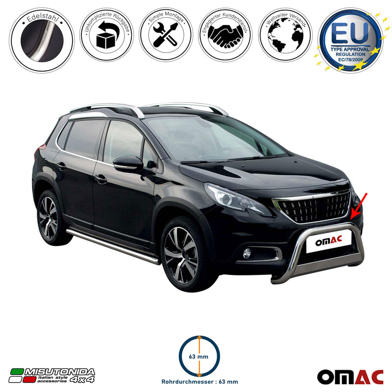Protezione anteriore per Peugeot 2008 2016-2019 ø63mm acciaio argento 