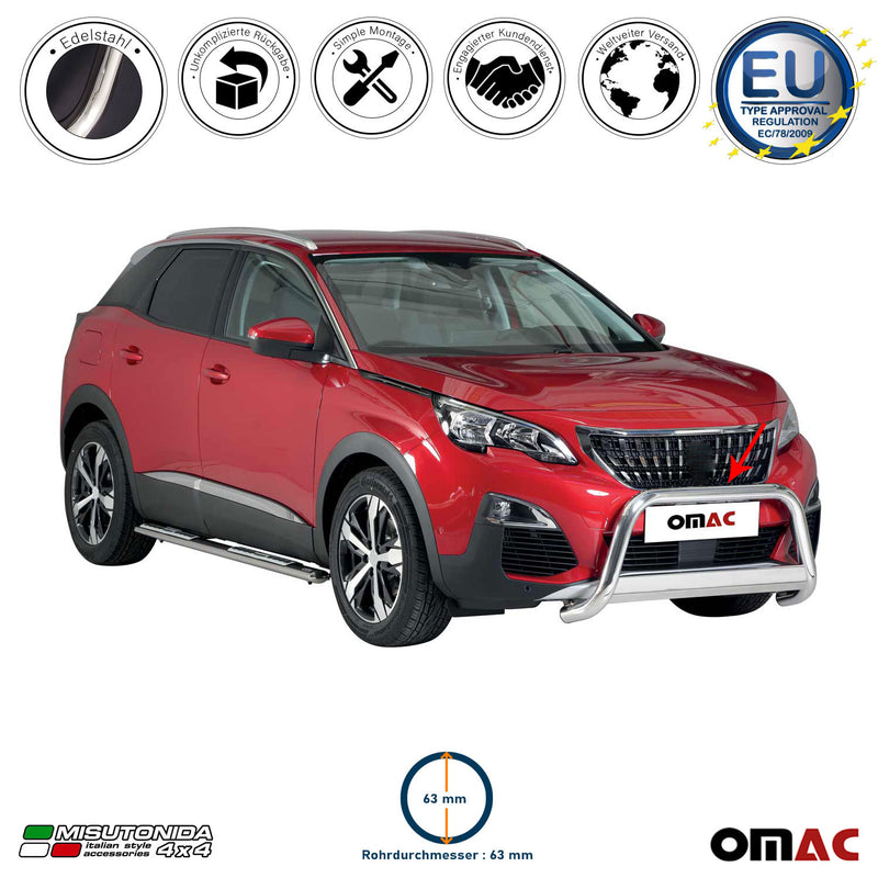 Protezione anteriore per Peugeot 3008 2018-2021 ø63mm acciaio argento 