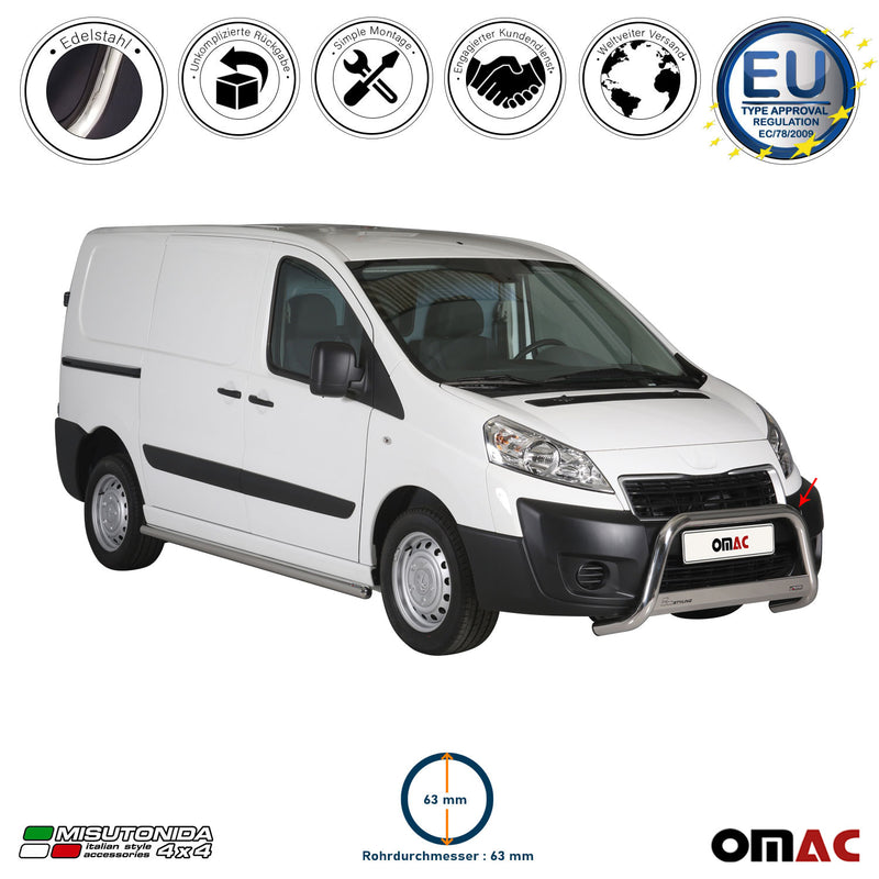 Barra di protezione anteriore per Peugeot Expert 2012-2016 ø63mm acciaio argento