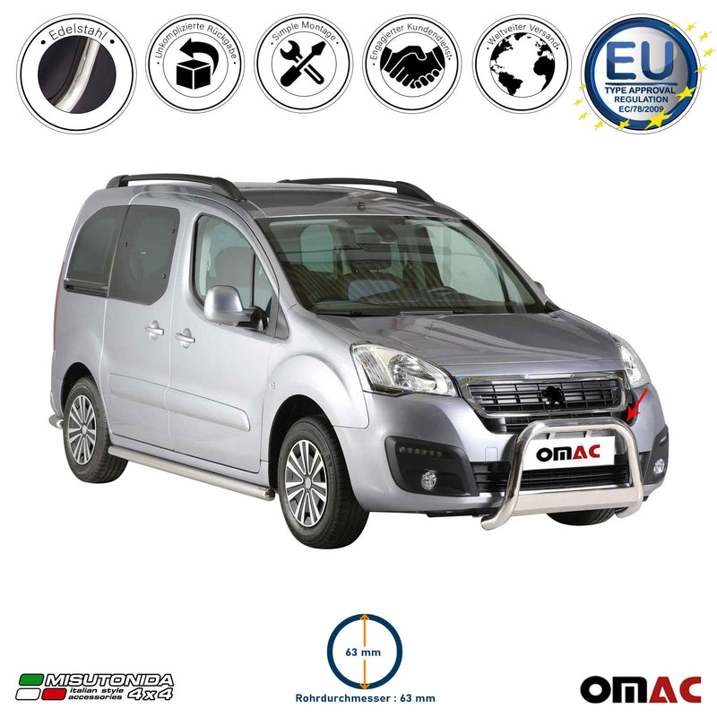 Protezione anteriore per Peugeot Partner 2016-2025 ø63mm acciaio argento 