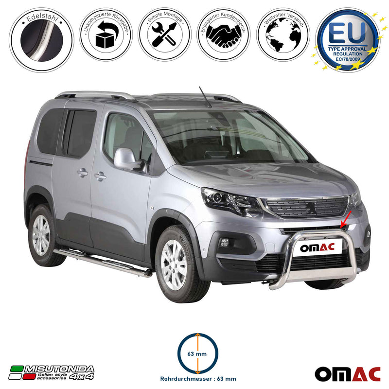 Barra di protezione anteriore per Peugeot Rifter 2018-2021 ø63mm acciaio argento 