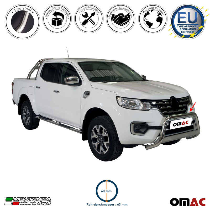 Barra di protezione anteriore per Renault Alaskan 2017-2021 ø63mm acciaio inox argento 