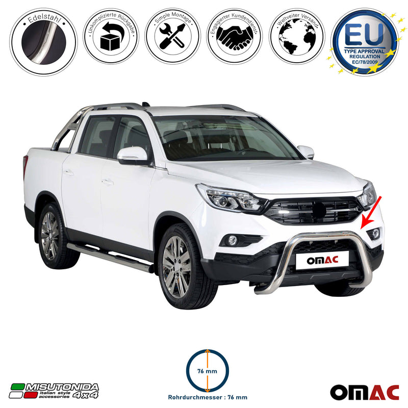 Frontbügel Frontschutzbügel für Ssangyong Musso 2018-2025 ø76mm Stahl Silber